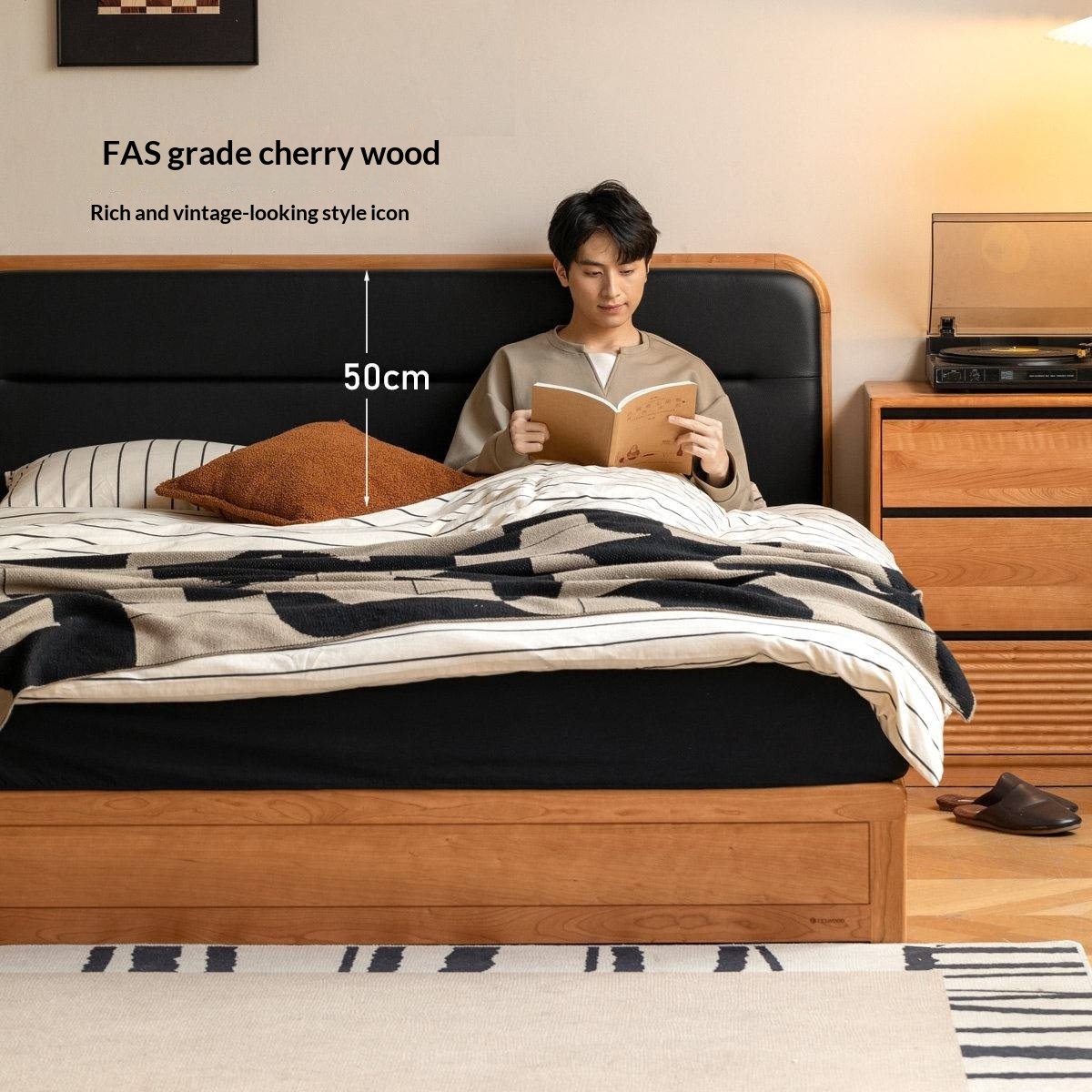 Cherry Solid Wood Box Bed — Vintage Style with Soft Backrest