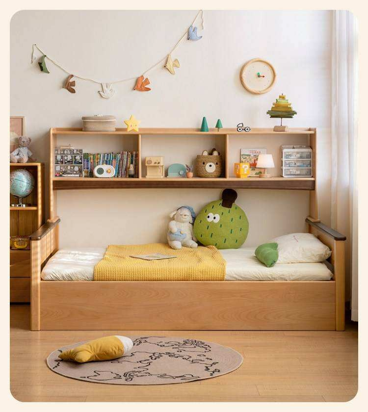 Beech Solid Wood Kids Storage Bed with Bookcase Headboard and Gas Lift Base