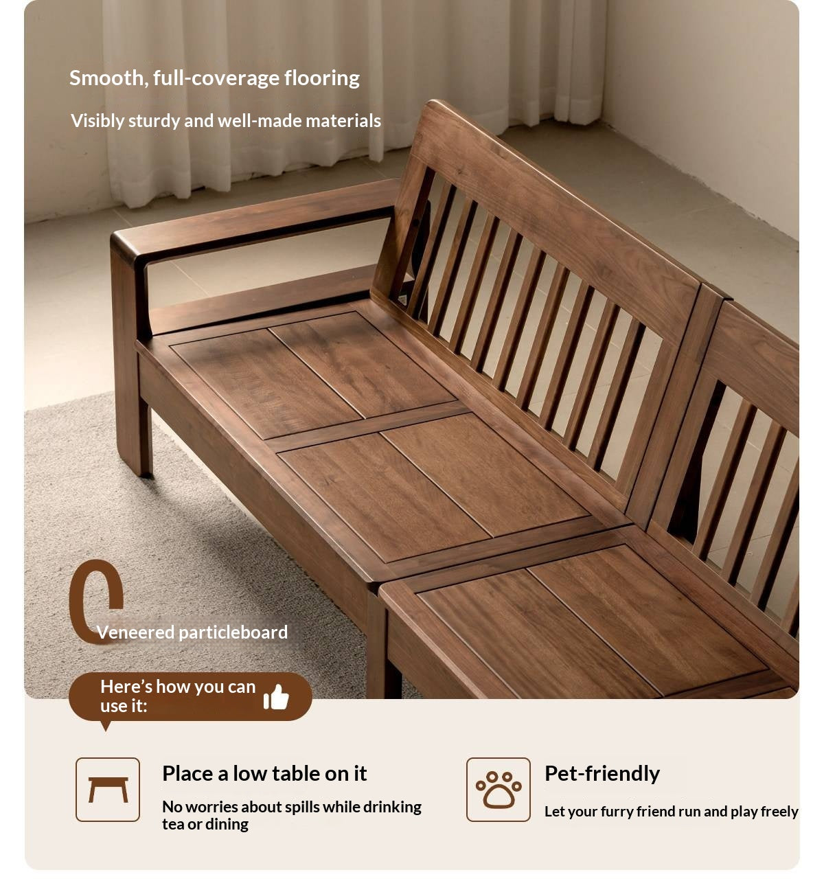 Black Walnut, Sandalwood Solid Wood Fabric Sofa with Raised Legs, Winter/Summer Use