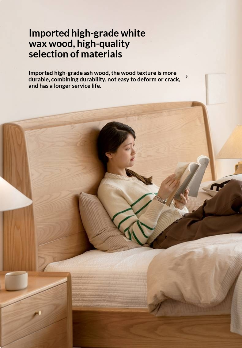 Ash Solid Wood High Backrest Large Bed