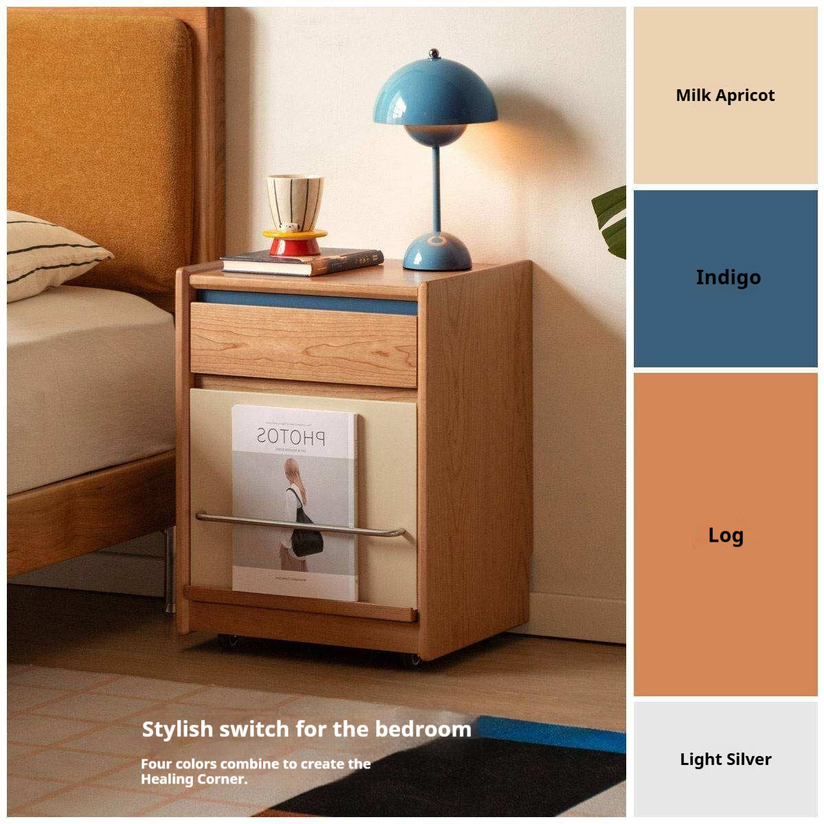 Cherry Solid Wood Nightstand with Storage Drawer and Magazine Holder with Wheels