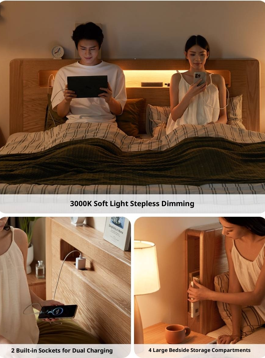 Oak Solid Wood Modern Minimalist Multifunctional with Light Box Bed