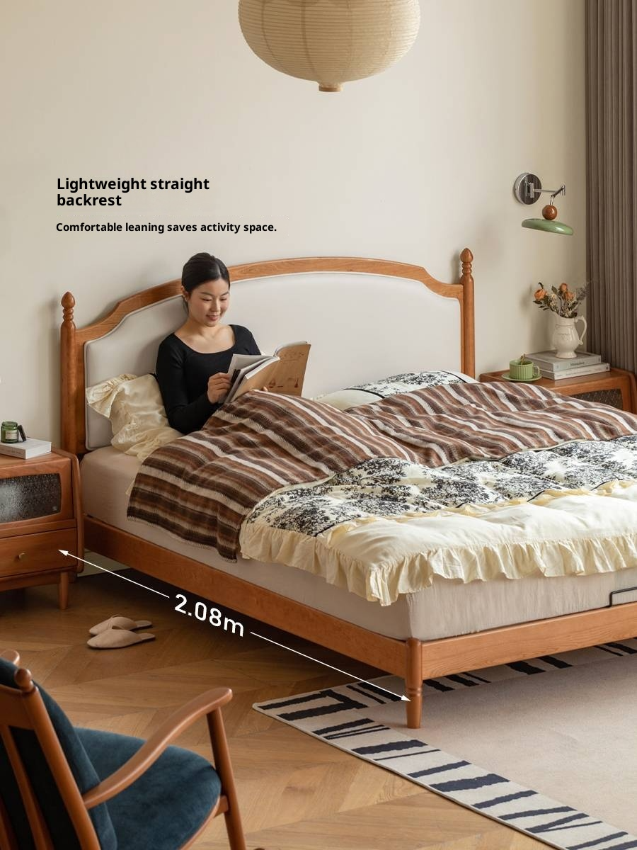 Cherry Solid Wood Soft Backrest Bed, French Retro Style