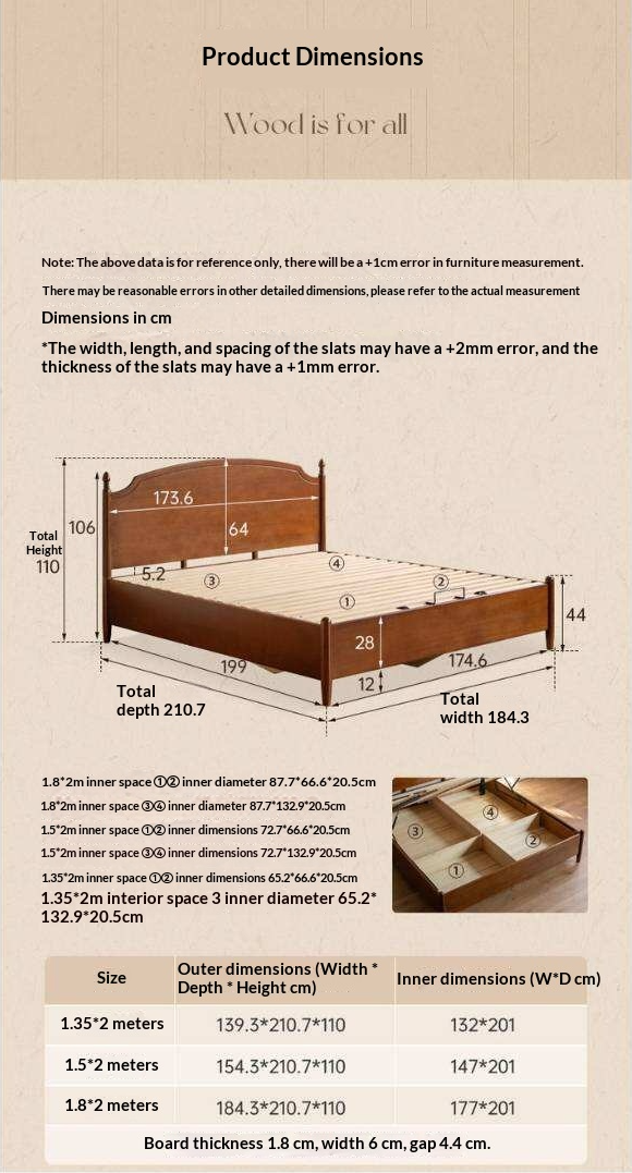 Poplar Solid Wood French Country Arched Panel Bed with Storage Base Box Bed