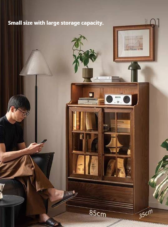 Black Walnut, Oak Solid Wood Bookcase with Storage Cabinet and Built-In Light
