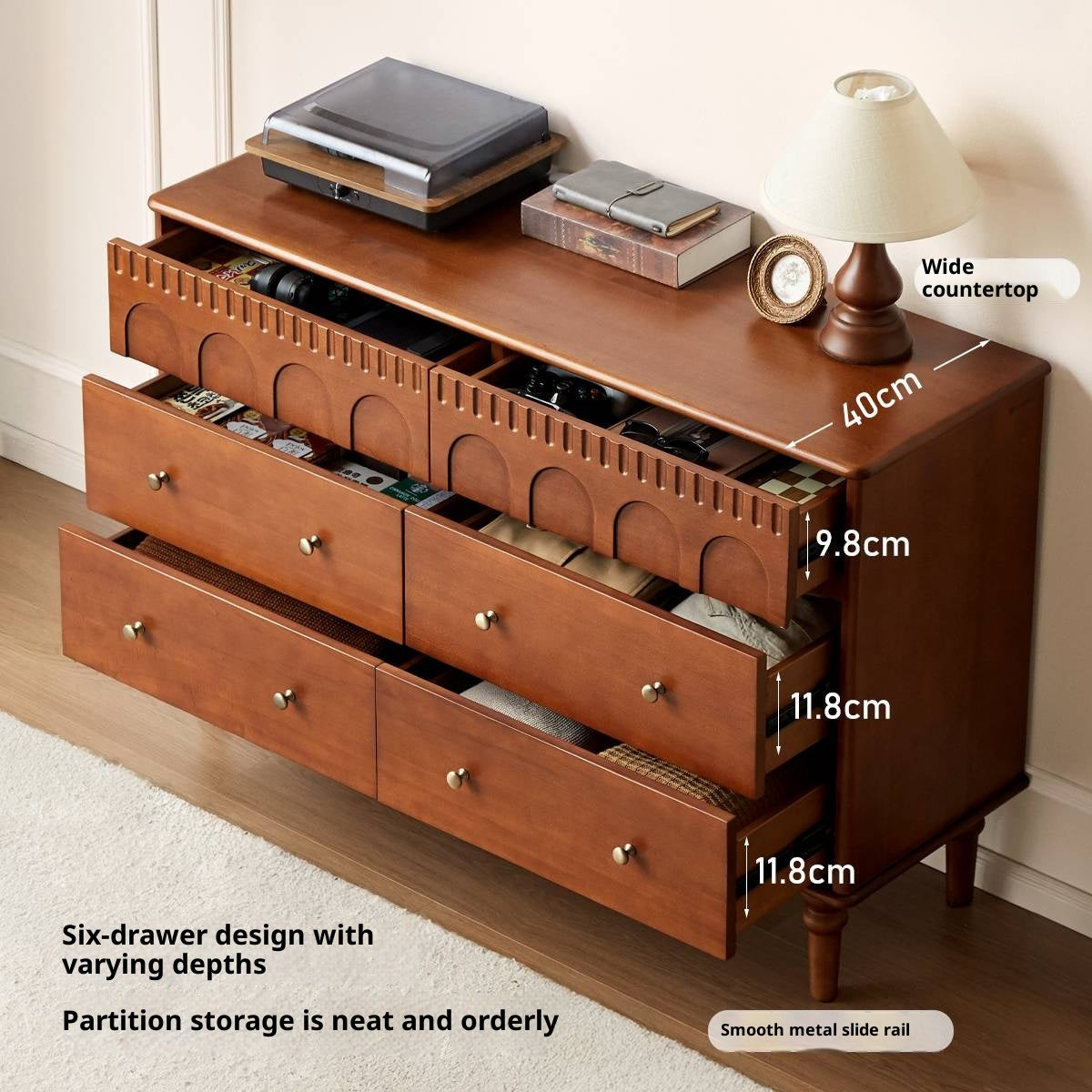 Poplar Solid Wood Medieval Style French Retro Six-Drawer Chest