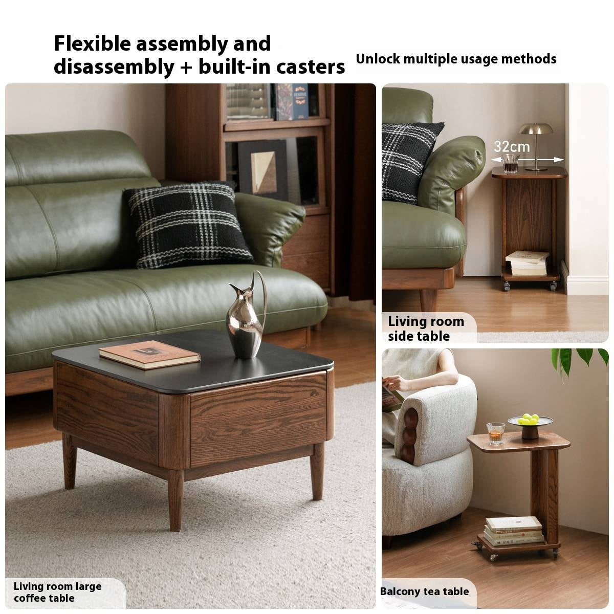Oak Solid Wood Mobile Coffee Table