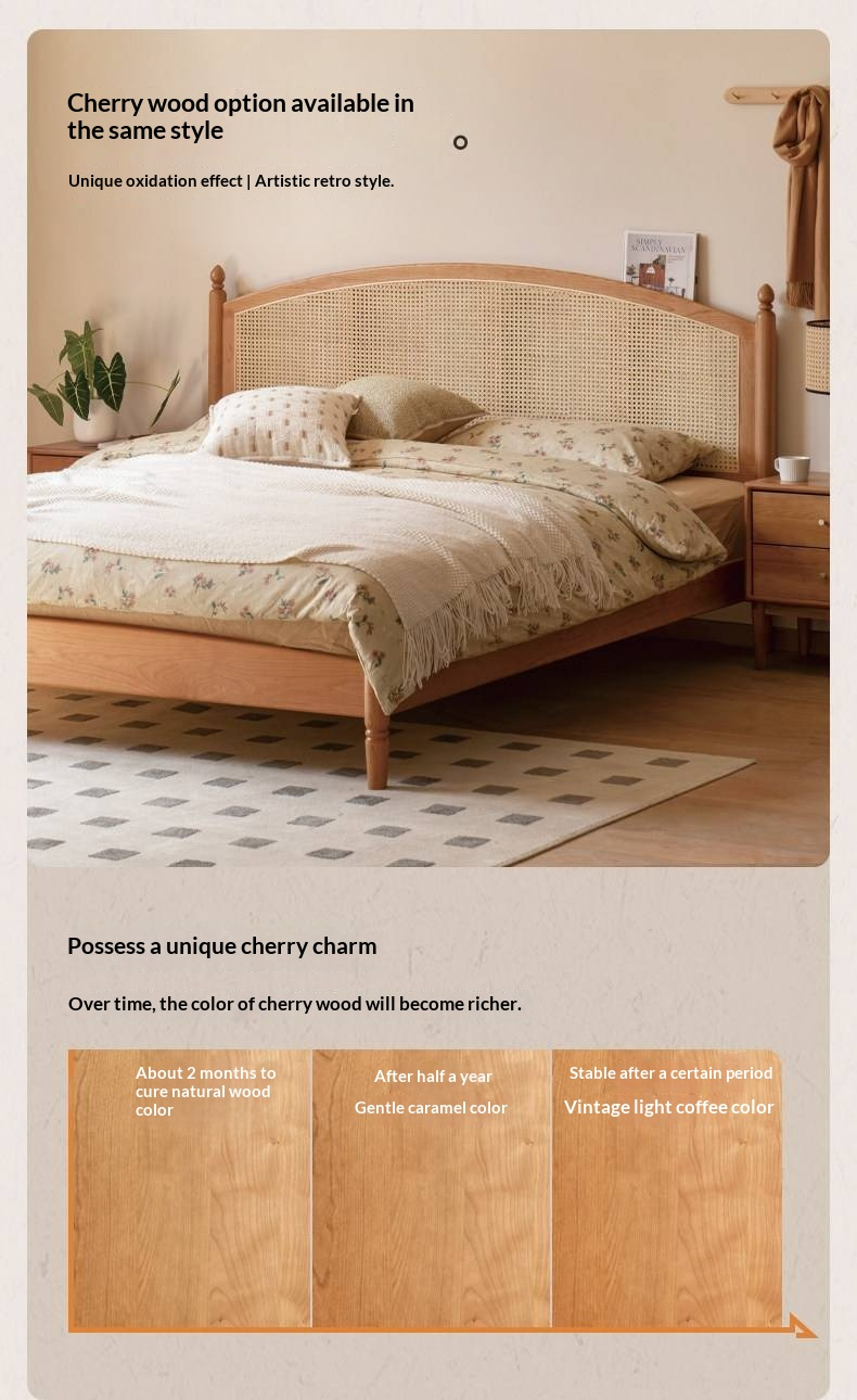 Oak Solid Wood Bed — Light Retro Style with Rattan Design
