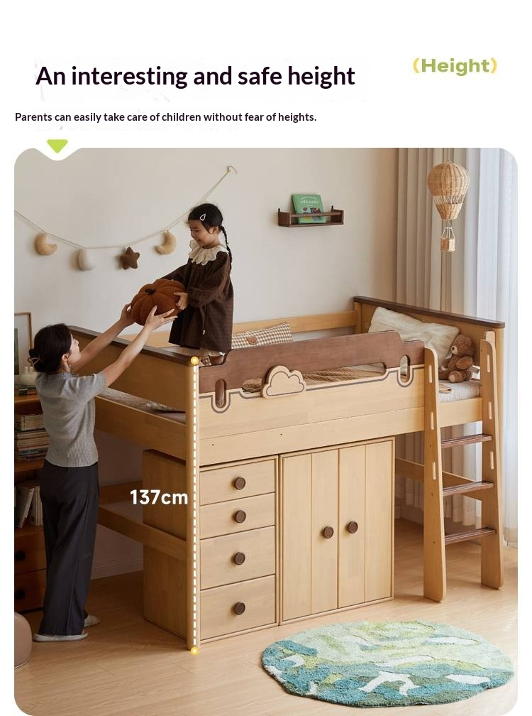 Rubberwood Solid Wood Children's Loft Bed with Under-Bed Cabinets