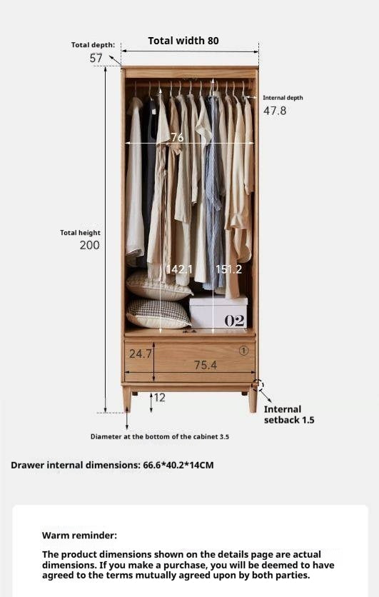 Oak Solid Wood Wardrobe Armoire with Hidden Groove Pulls and Raised Legs
