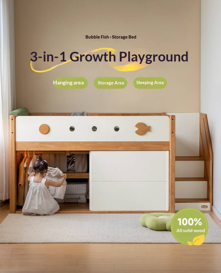 Rubberwood Children's Solid Wood Multifunctional Storage Loft Bed