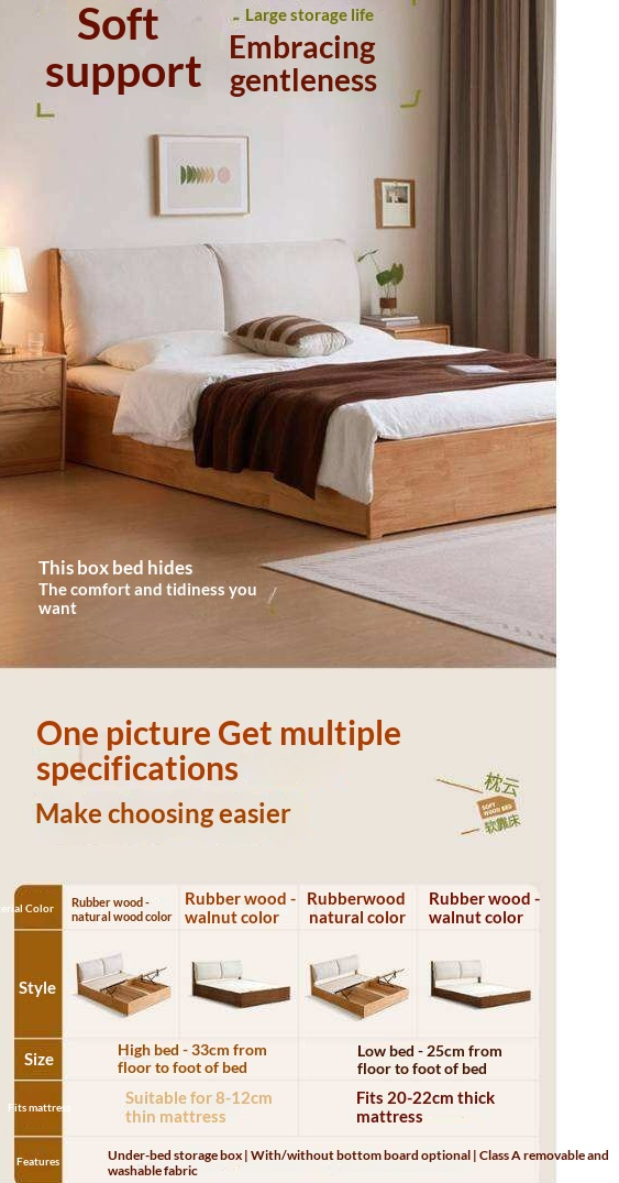 Rubberwood Solid Wood Storage Bed with Lift-Up Base and Soft Upholstered Headboard
