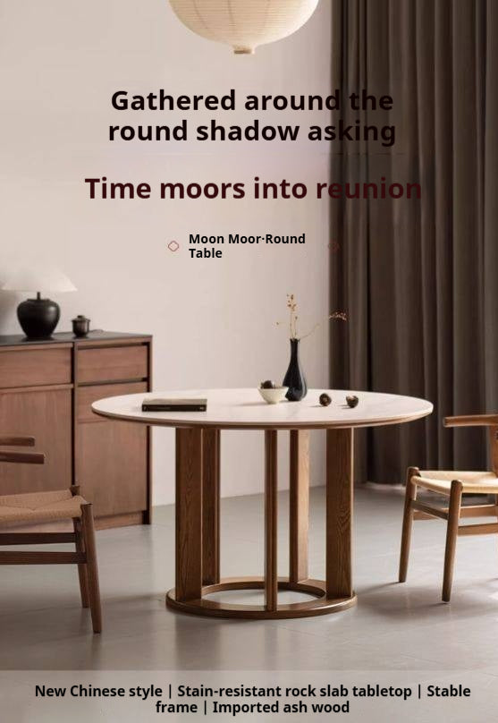 Ash Solid Wood Rock Plate Dining Table with Rotary Wheel