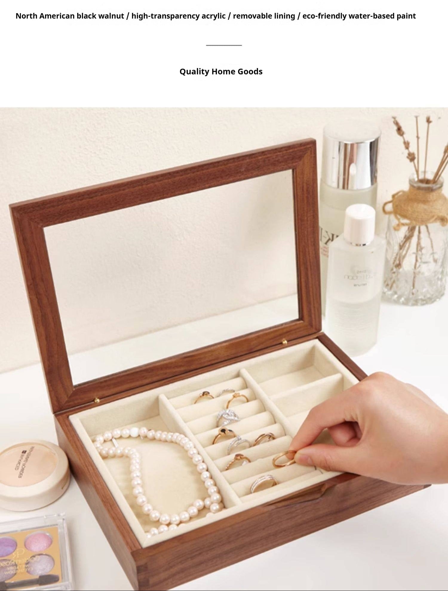 Black Walnut Solid Wood Storage Jewelry Box Transparent Display