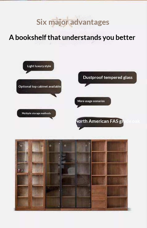 Solid Rubberwood, Oak Solid Wood Bookcase Modern With Glass Door