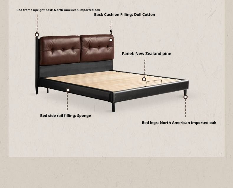 Genuine Leather American Retro Bed with Light