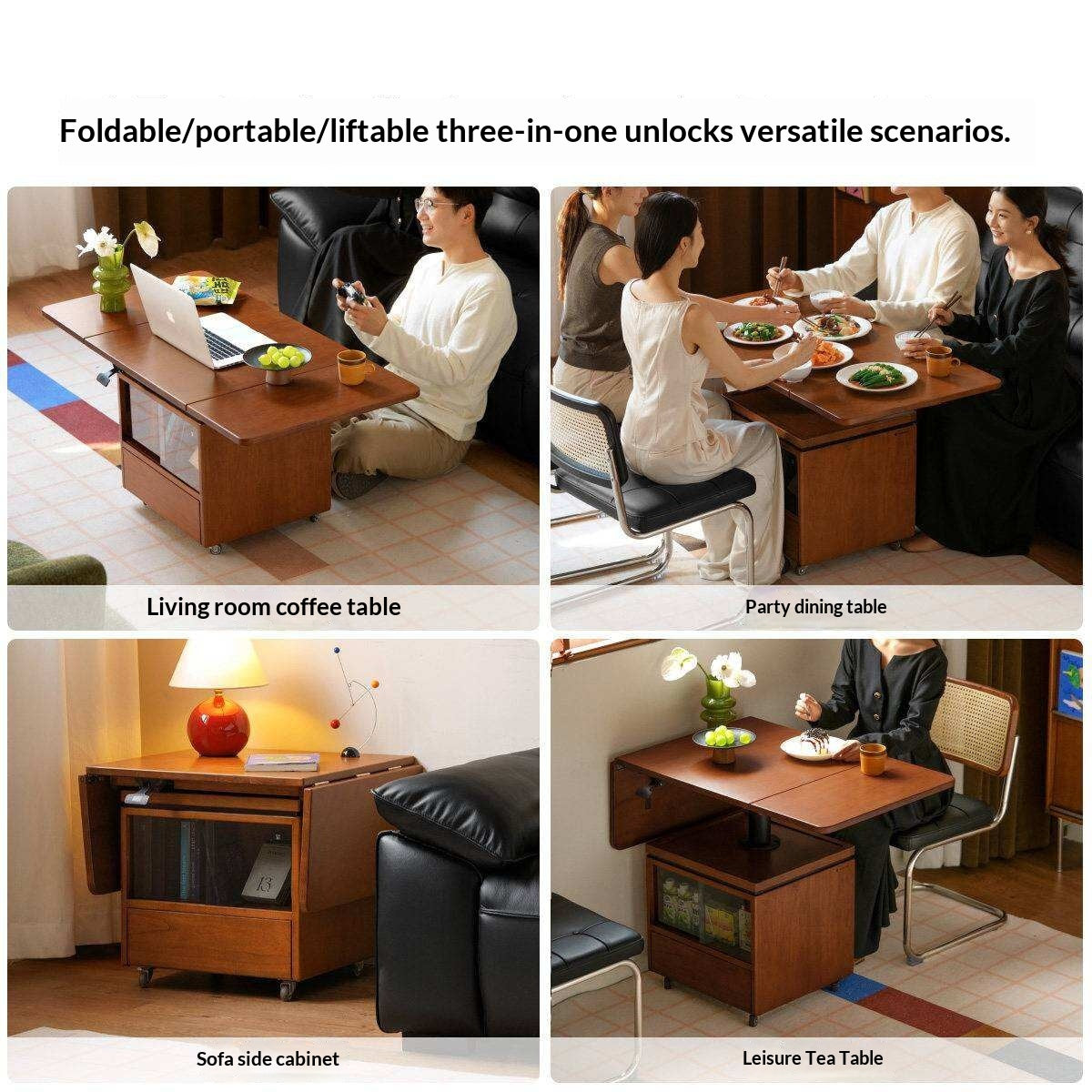 Tulipwood Solid Wood Lifting Coffee Table with Folding Square Top