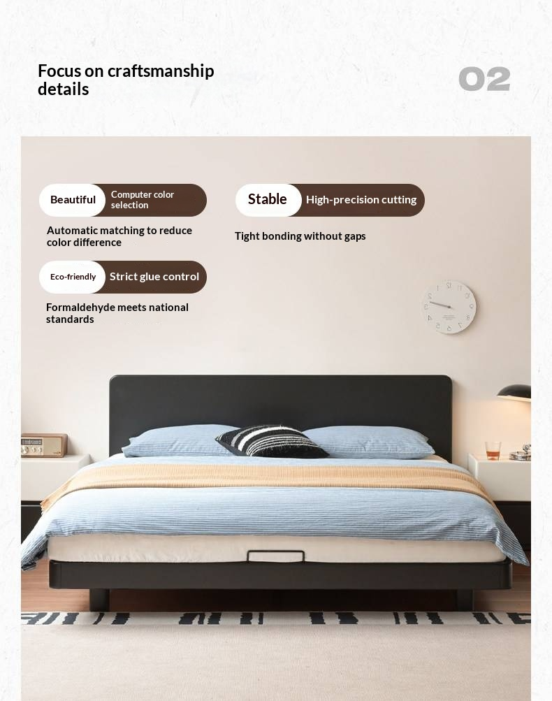 Rubberwood Solid Wood Bed — Modern Minimalist Large Slab Black Floating Bed