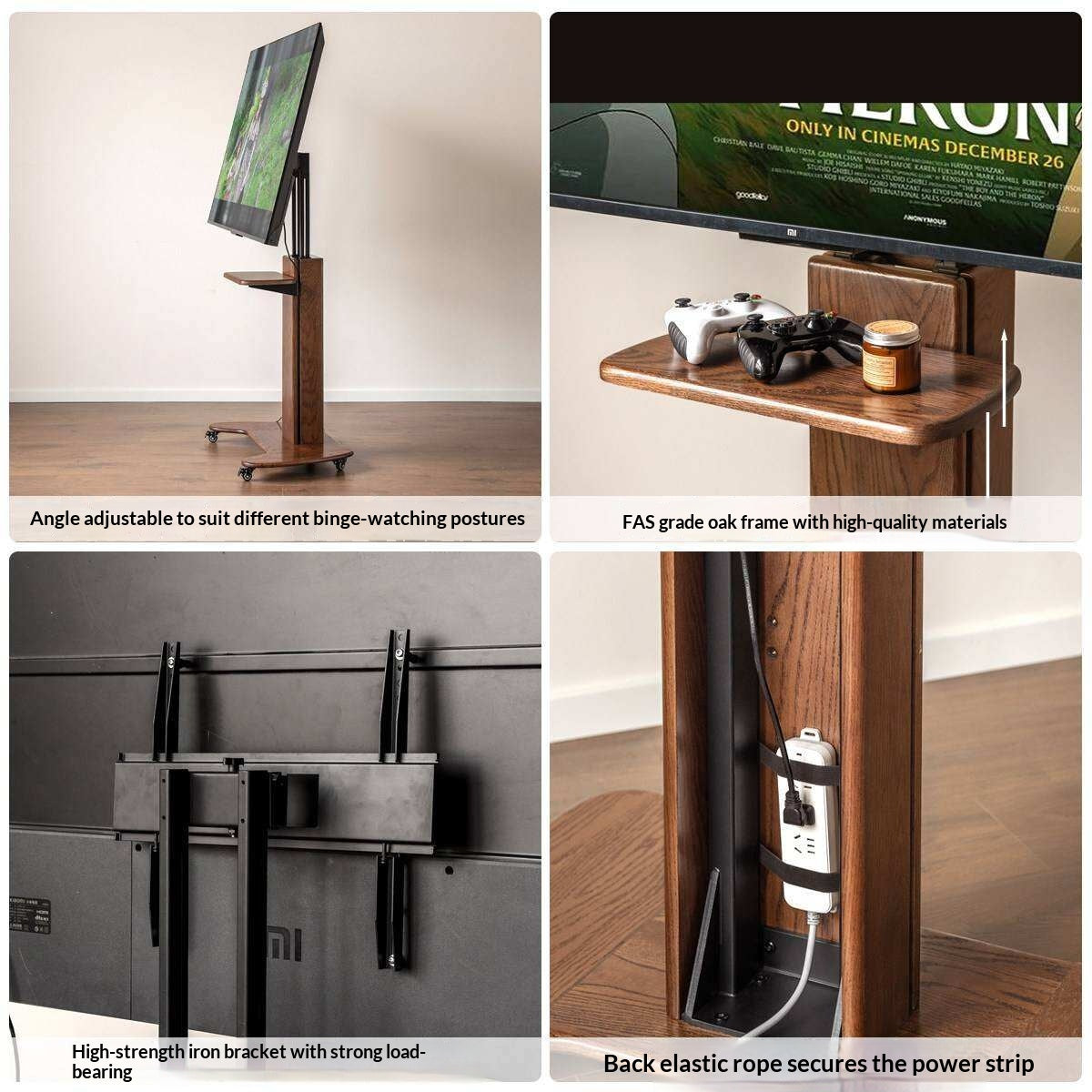 Oak Solid Wood TV Stand with Open Wall Rack and Mobile Cart Base