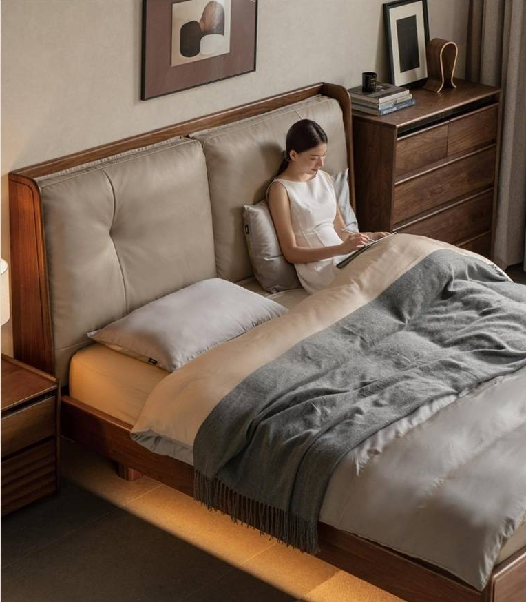 Black Walnut Solid Wood Italian Light Luxury Genuine Leather Soft Bed