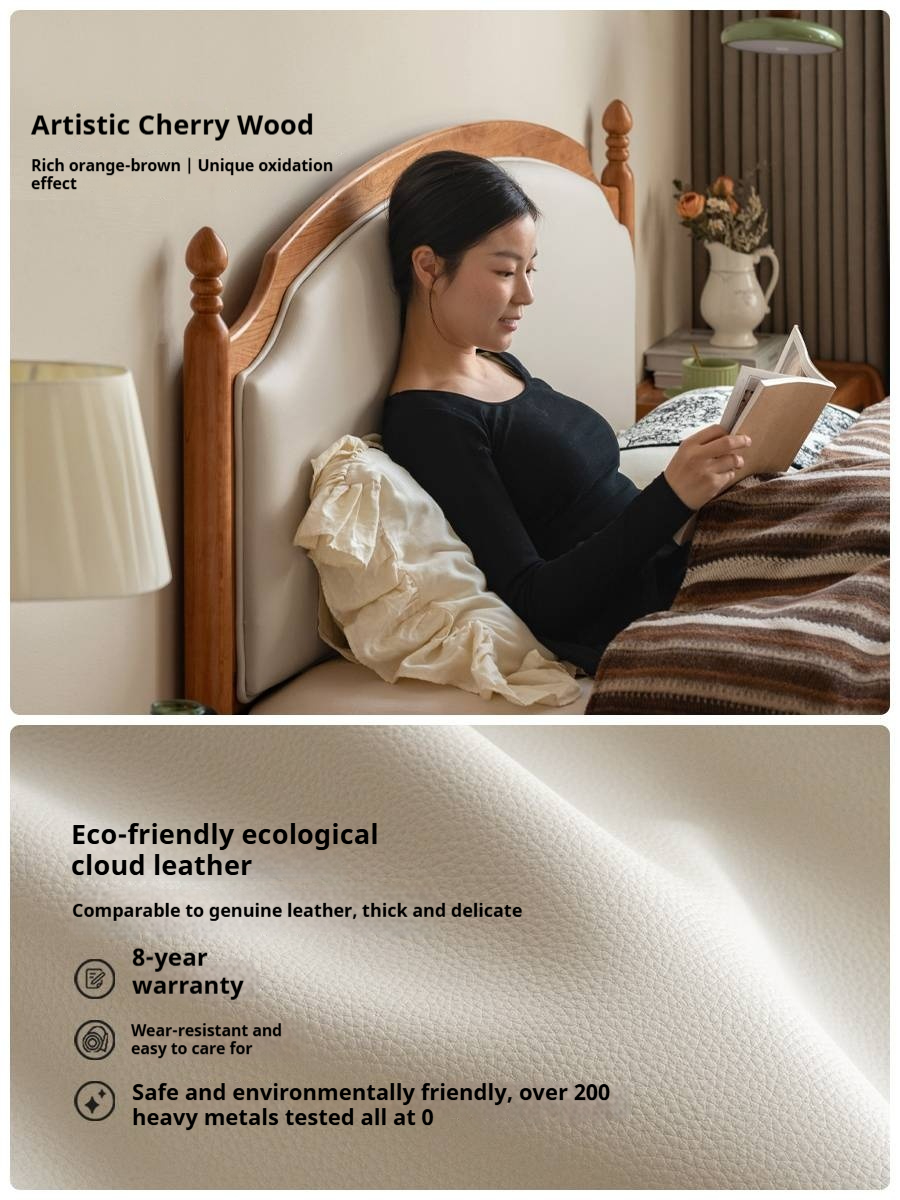 Cherry Solid Wood Soft Backrest Bed, French Retro Style