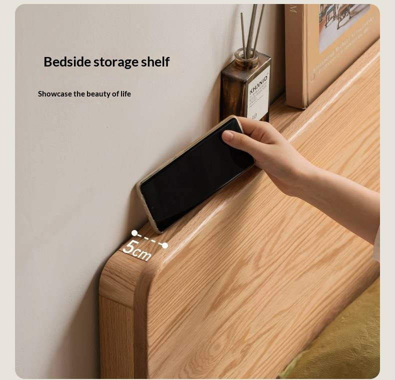 Oak Solid Wood Platform Storage Bed with Hidden Drawers and Bedside Shelf