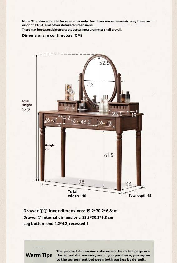 Black Walnut, Tulipwood Solid Wood Retro Style Vanity Table With Built-In Mirror