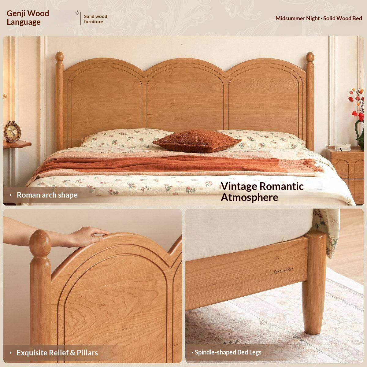 Cherry Solid Wood French Country Arched Platform Bed with Spindle Legs