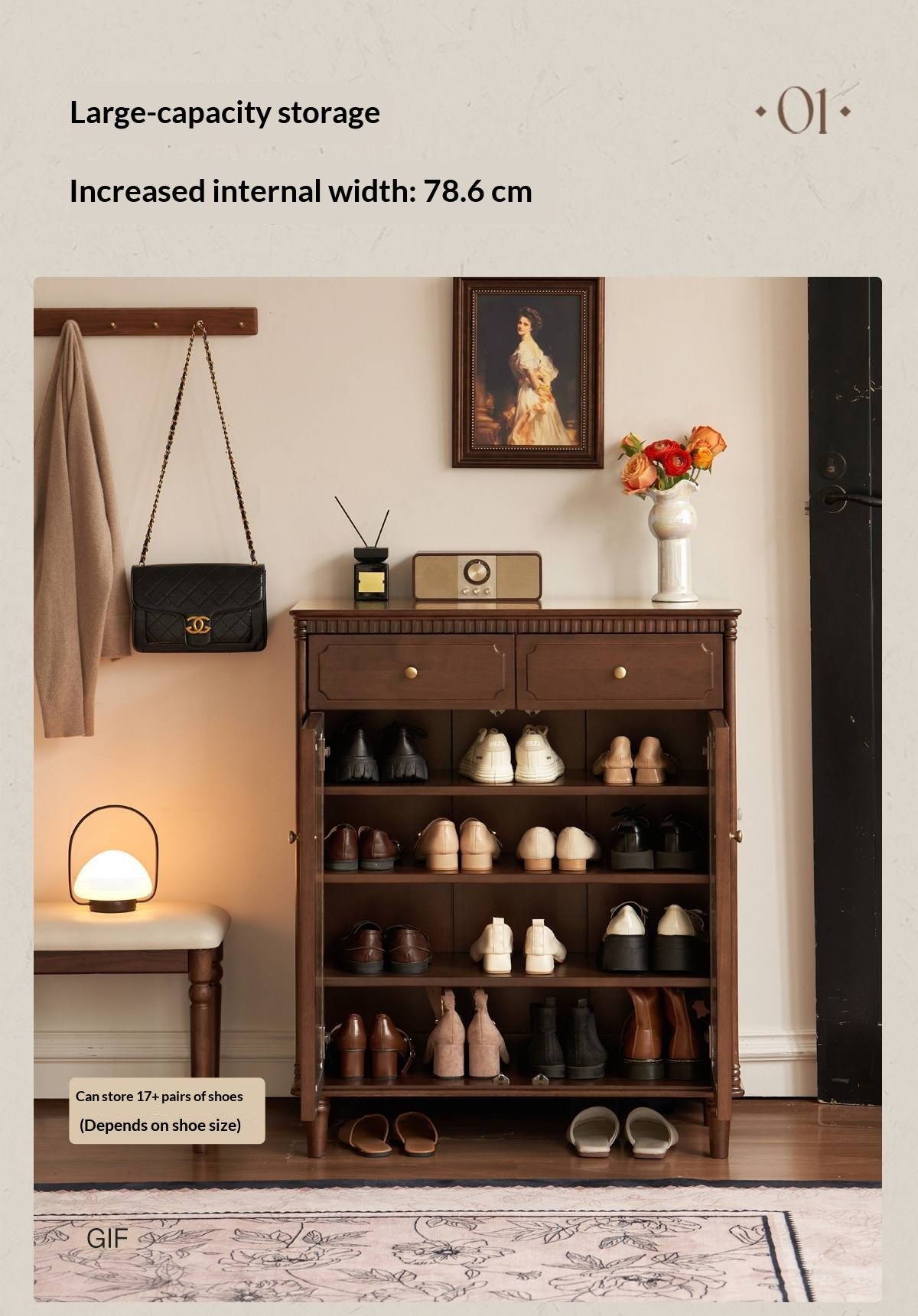 Solid Longan Hardwood French Vintage Shoe Cabinet with Arched Glass Doors and Adjustable Shelves