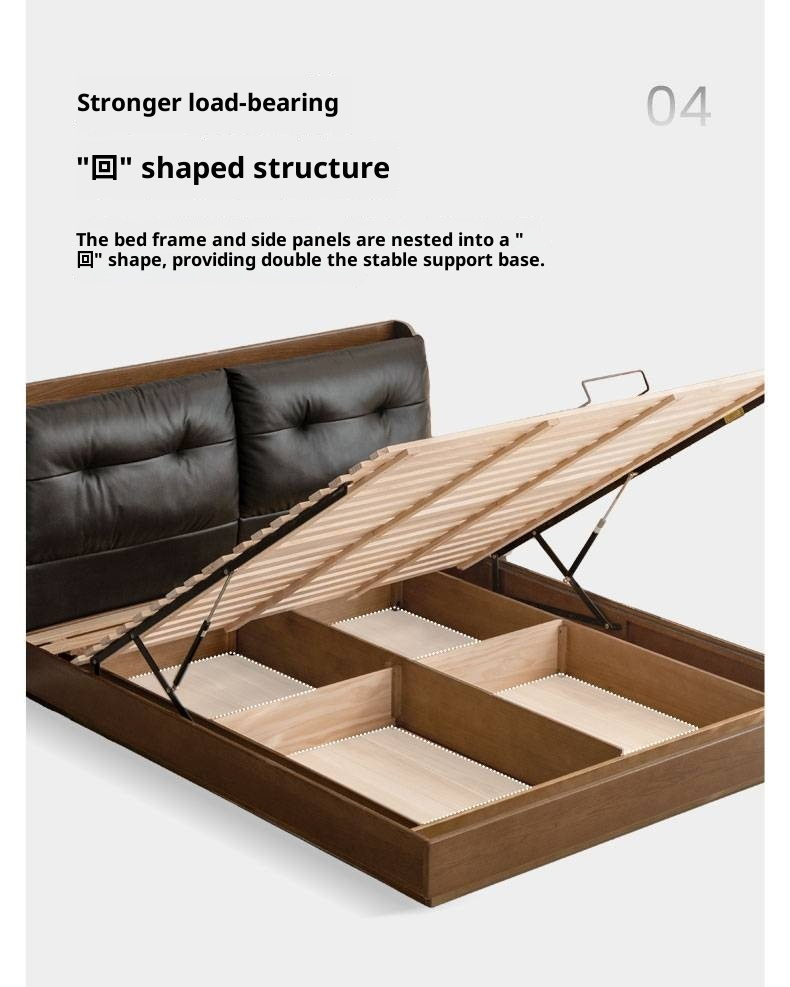 Oak Solid Wood Luxury Genuine Leather Box Bed