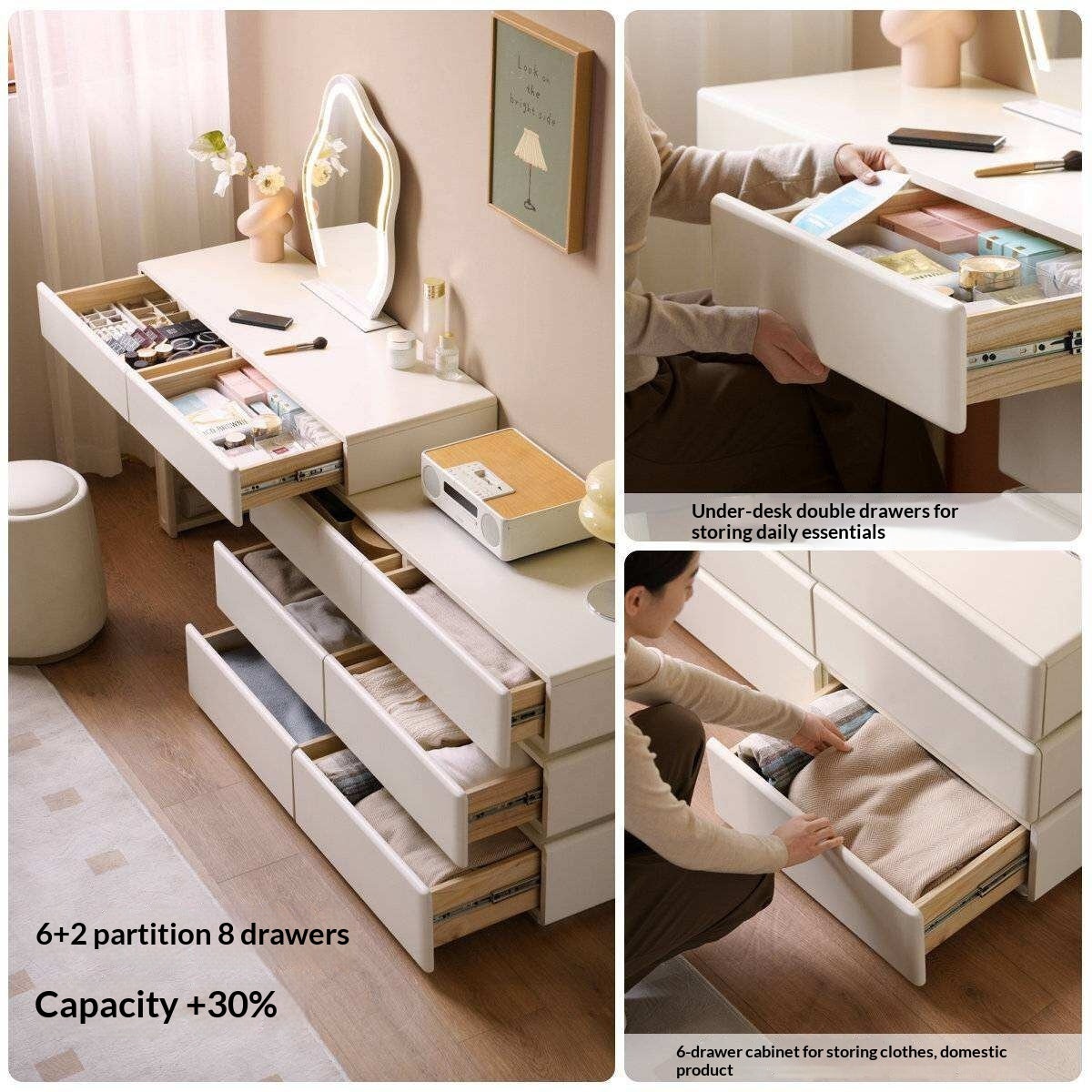 Solid Rubberwood Telescopic Vanity Table with Single-Layer Storage in White Cream