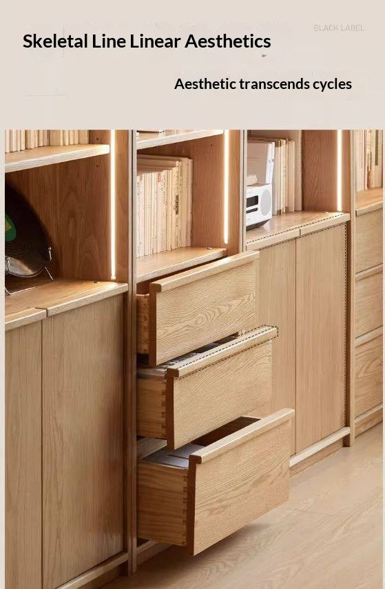 White Oak Solid Wood Bookcase and Display Cabinet with Glass Doors and Built-In Lights