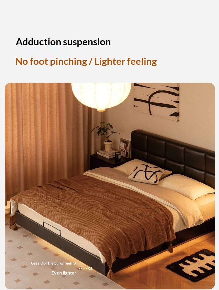 Oak Solid Wood Genuine Leather Upholstered Box Bed Retro Black Floating Bed