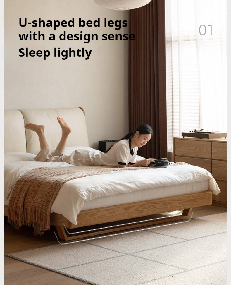 Oak Solid Wood Bed — Italian Light Luxury with White Genuine Leather and Soft Backrest