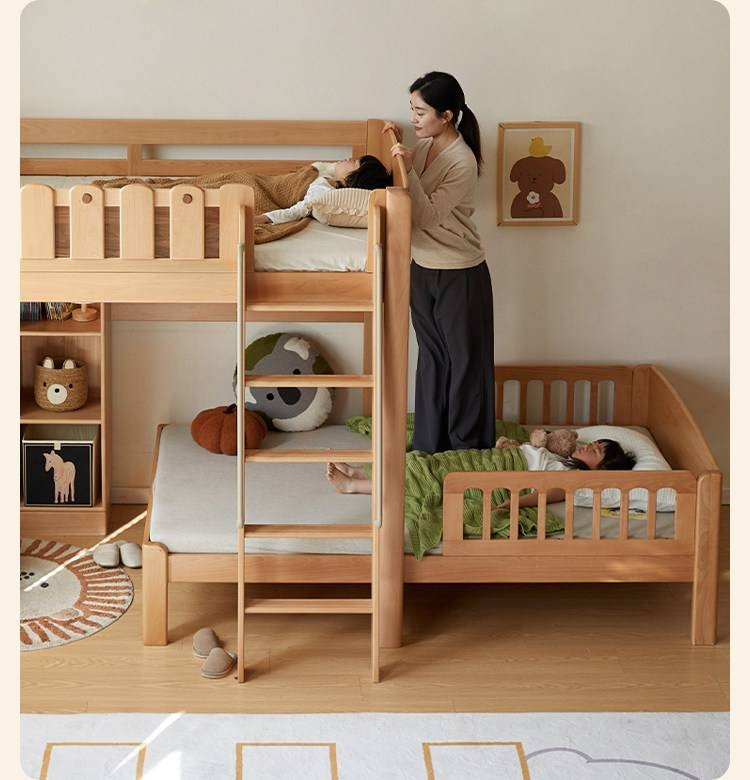 Beech Solid Wood L-Shaped Bunk Bed with Bookshelf Headboard and Detachable Guardrail