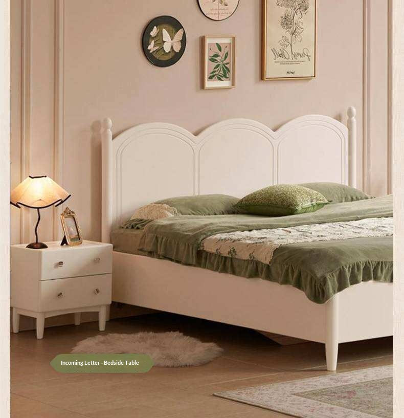 Rubberwood Solid Wood Bed with White Cream Style Large Box Frame