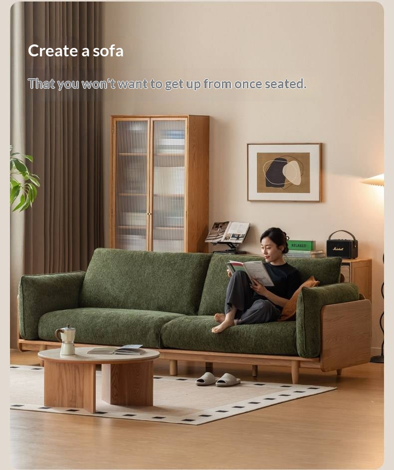 Oak, Ash Solid Wood Sofa with Exposed Wide Arms, High-Back, Genuine leather -fabric