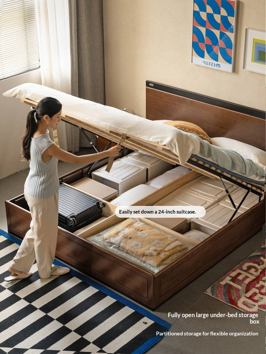 Golden Rosewood Solid Wood Bauhaus Storage Bed with Full Lift-Up Storage Box and Color-Block Headboard