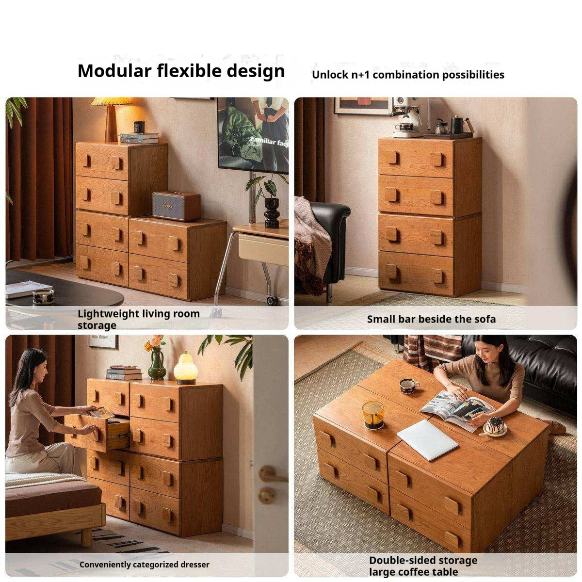 Cherry Solid Wood TV Stand with Multi-Functional Storage Modules