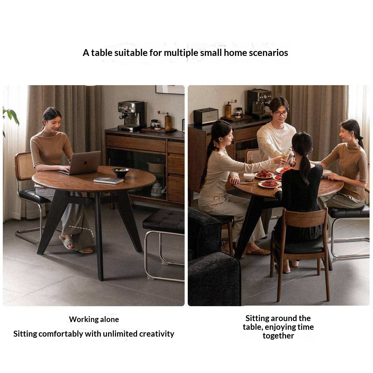 Oak Solid Wood Round Dining Table with Walnut-Stained Base