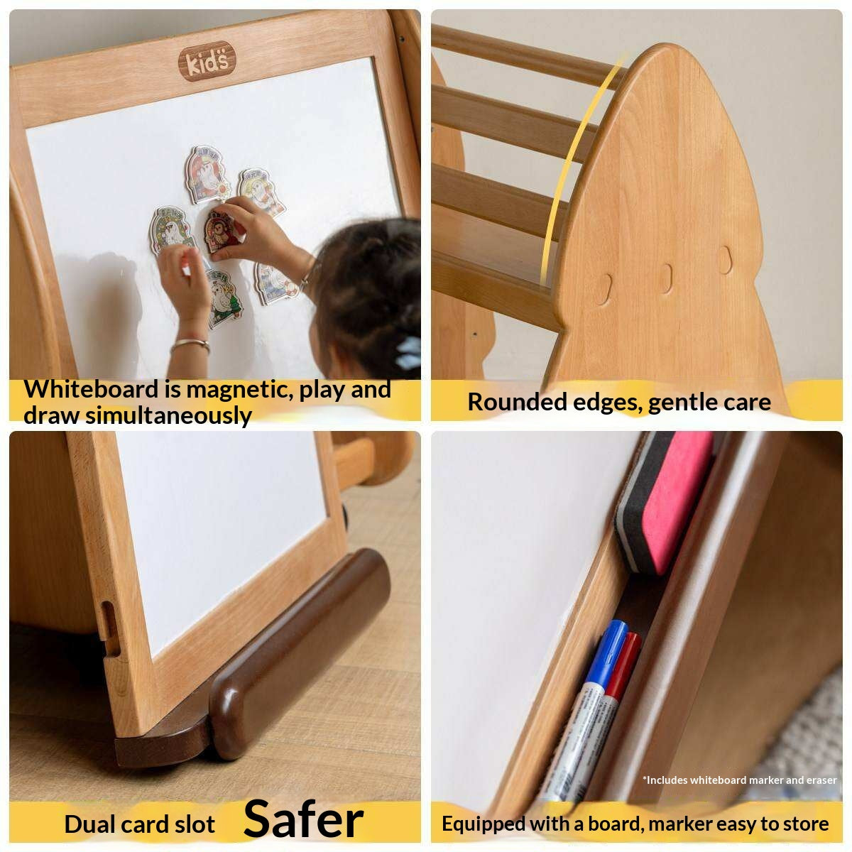 Beech, Poplar Solid Wood Movable Kids Bookshelf with Wheels, Multifunctional Storage