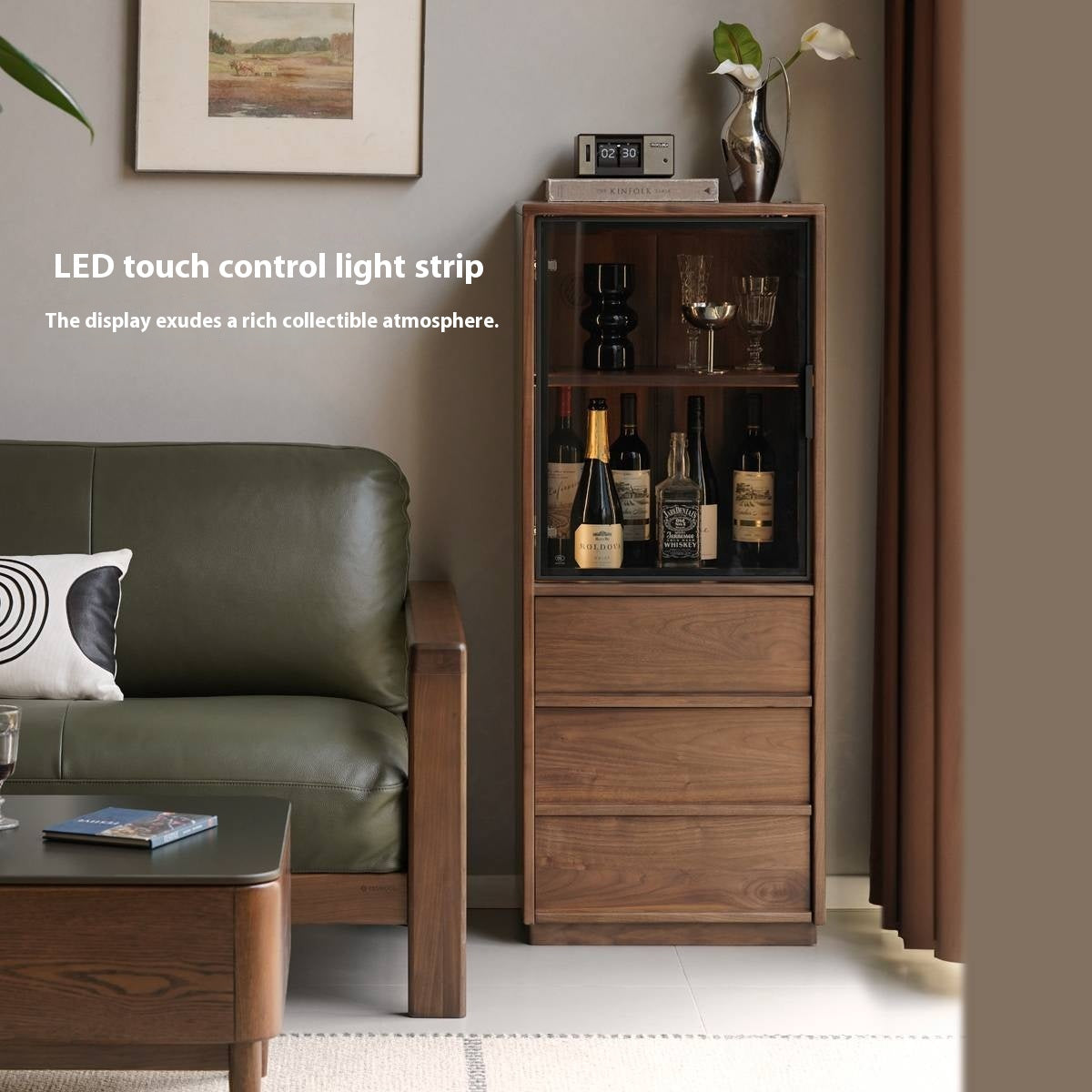 Black Walnut, Ash Solid Wood Side Cabinet With Light Display
