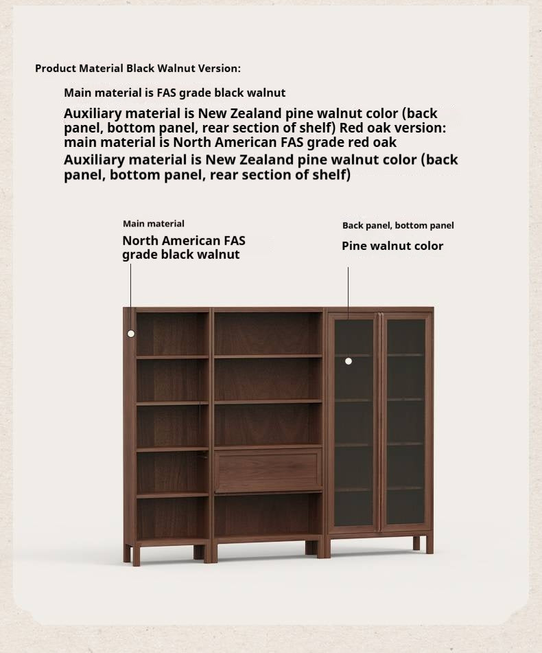 Black Walnut, Oak Solid Wood Nordic Bookcase with Glass Door