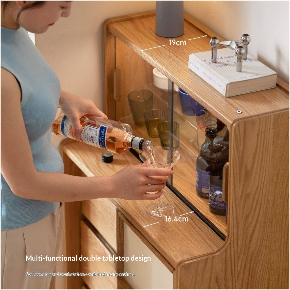 Oak Solid Wood Bar Cabinet with Glass Display and Sliding Doors