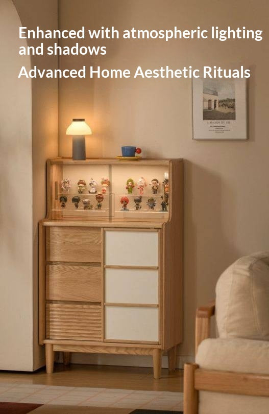 Oak Solid Wood Bar Cabinet with Glass Display and Sliding Doors