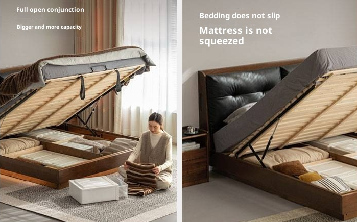 Oak Solid Wood Luxury Genuine Leather Box Bed