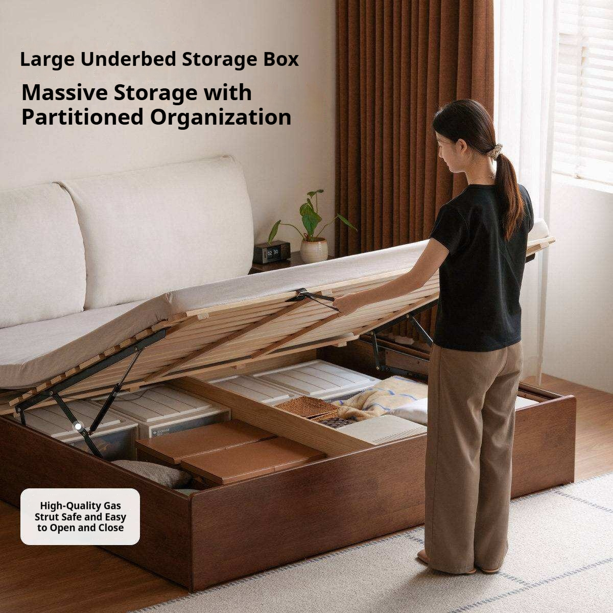 Rubberwood Solid Wood Storage Bed with Lift-Up Platform and Oversized Cushioned Headboard