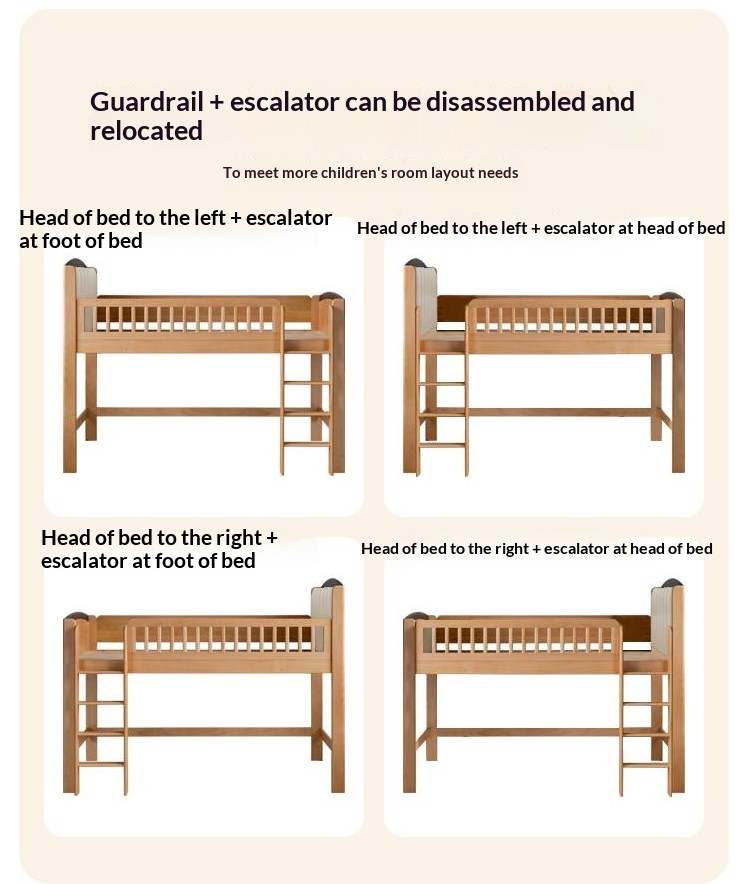 Beech Solid Wood Children's Soft Backrest Storage Loft Bed with Night Light