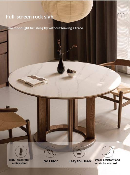 Ash Solid Wood Rock Plate Dining Table with Rotary Wheel