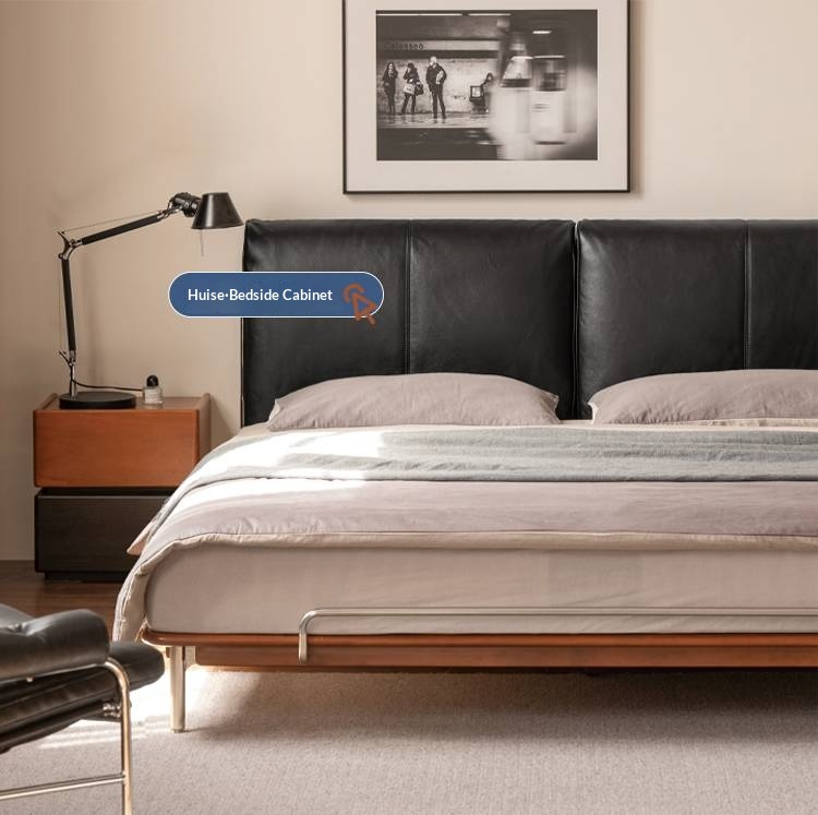 Genuine Leather Bauhaus Style Double Bed with Top Grain Cowhide Soft Backrest